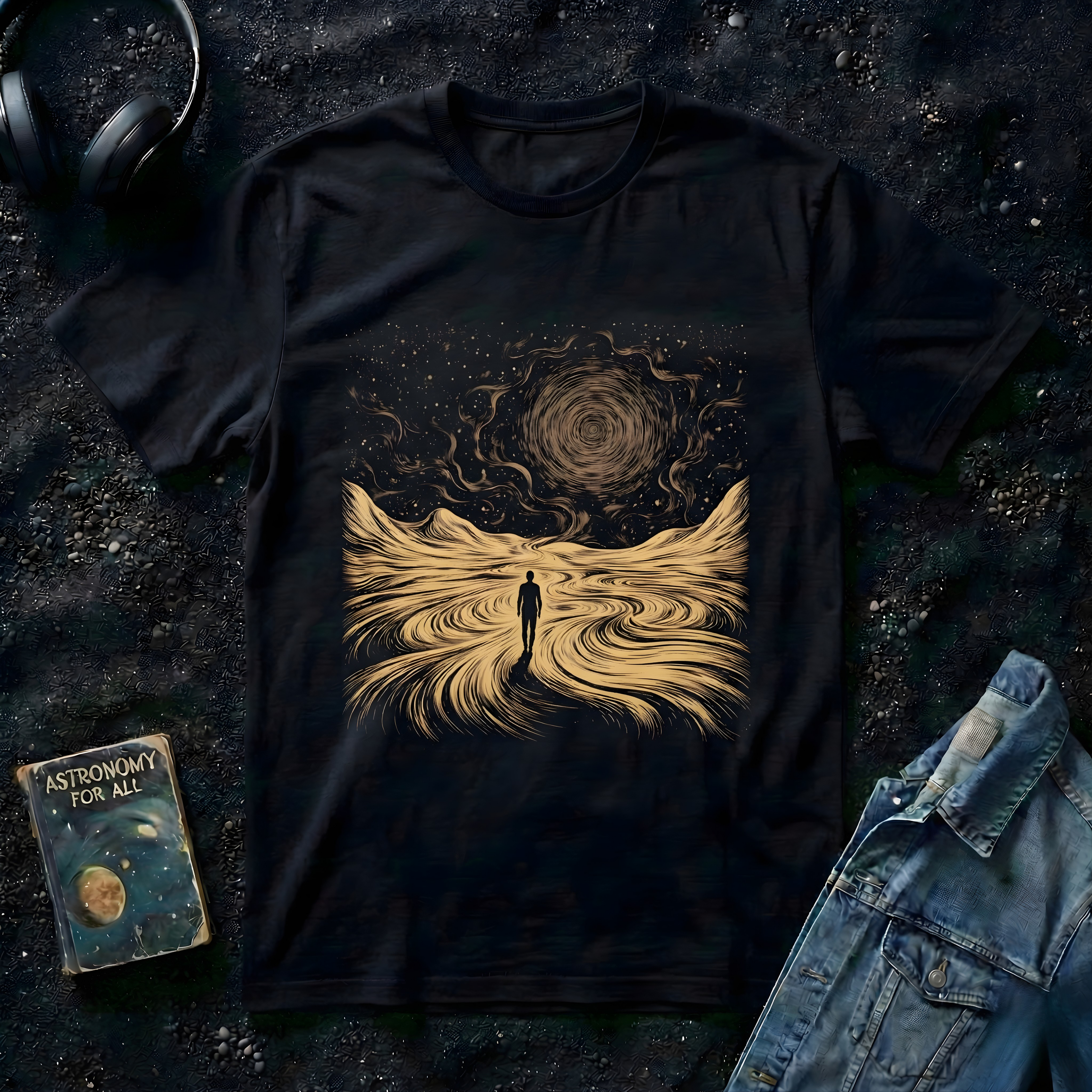 Black t-shirt with a cosmic design featuring a person walking towards a spiral galaxy, placed on a dark textured surface with headphones and a book.